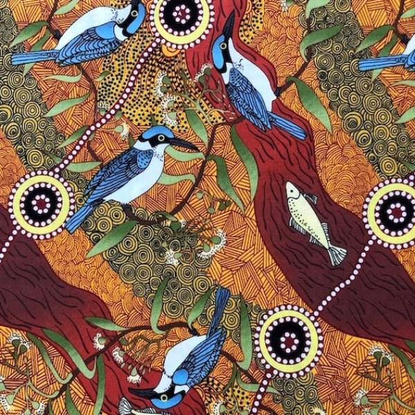 ORANGE KINGFISHER CAMP Aborigines Stoff aus Australien